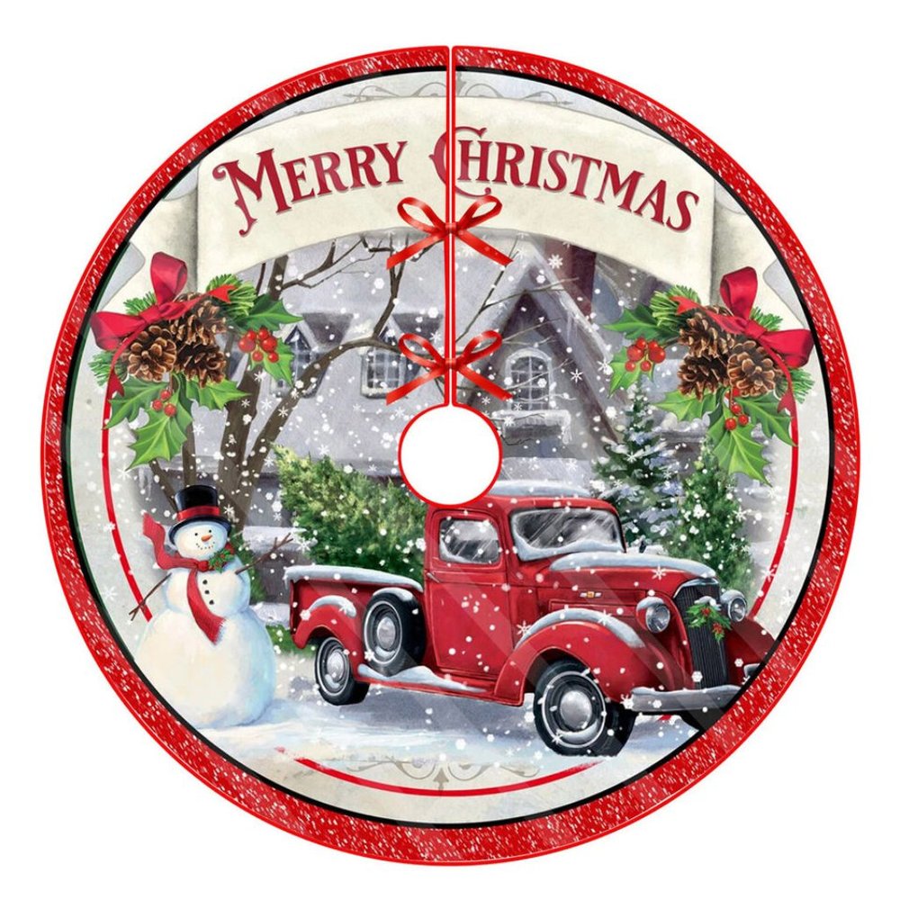 Christmas Snowman Red Truck Decorative Tree Skirt Wrap